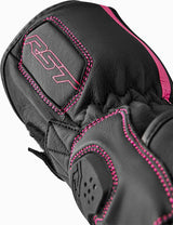 Schwarze und rosa Damen Motorradhandschuhe von RST mit verstärkter Handfläche und flexiblem Material für Schutz und Komfort.
