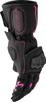 Schwarze und rosa Damen Motorradhandschuhe von RST mit Schutzmaterial und bequemem Design, ideal für Motorradtouren.