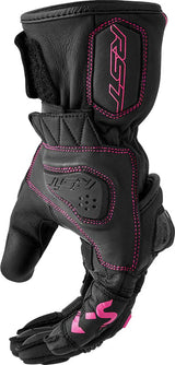 Schwarze und rosa Damen Motorradhandschuhe von RST mit gepolsterten Handflächen und robustem Design.