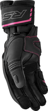 Damen Motorradhandschuhe von RST, schwarz und rosa, mit robustem Material und Touchscreen-kompatiblen Fingerspitzen.