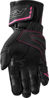 Schwarze und rosa Damen Motorradhandschuhe von RST, bequem und stylisch für sichere Fahrten.