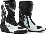 Schwarze und weiße RST TracTech Evo D3O Damen Motorradstiefel, Racing-Stil, aus strapazierfähigem Material, mit Schutzpolsterung.