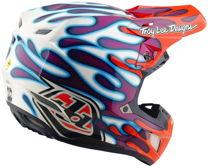Motocrosshelm TROY LEE DESIGNS Se5 Composite Mips mit Overspray in Violett und Weiß, sportlich und robust für den Offroad-Einsatz