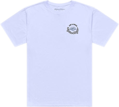 Weißes Troy Lee Designs Carb Club T-Shirt aus Freizeitbekleidung mit Logo-Print auf der Vorderseite.