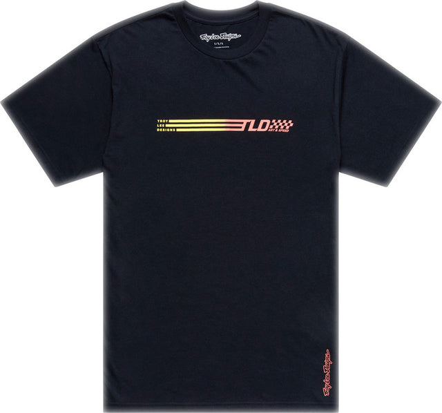 Schwarzes Troy Lee Designs Stripes T-Shirt für Freizeit, mit bunten Streifenmuster auf Baumwollstoff.
