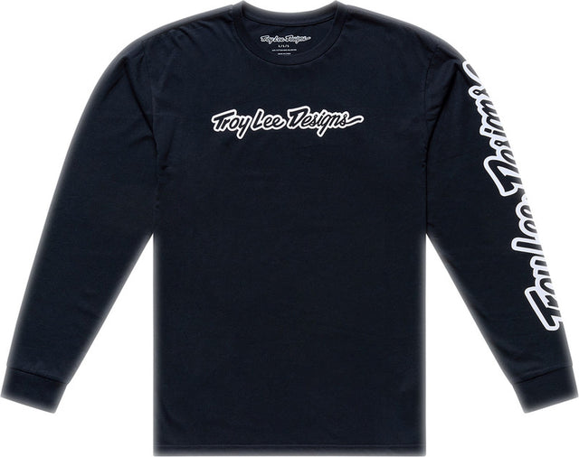 Troy Lee Designs Long Sleeve Signature T-Shirt in Schwarz, Freizeitbekleidung mit stilvollem Design, auf einem weißen Hintergrund.