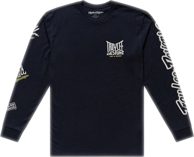 Troy Lee Designs Long Sleeve Handlebar T-Shirt in Schwarz, bequeme Freizeitbekleidung mit Logo-Design, auf dem Bild sichtbar.