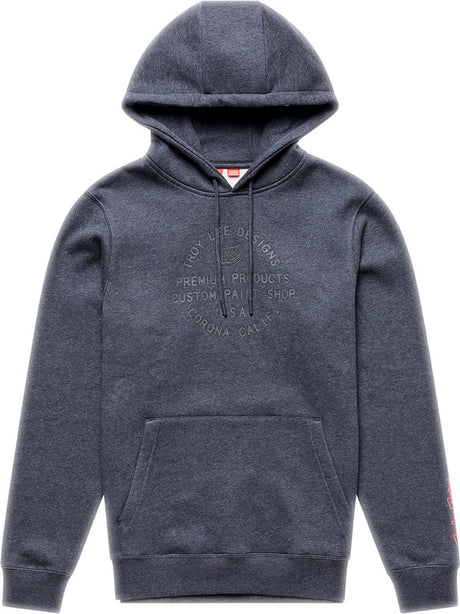 Troy Lee Designs Imprint Hoodie in schwarzem Heather, bequeme Freizeitbekleidung mit sportlichem Stil, auf dem Bild sichtbar.