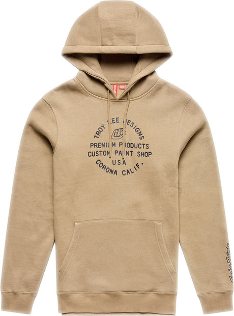Graue Troy Lee Designs Imprint Hoodie aus Freizeitbekleidung, mit weichem Stoff und Kapuze, auf weißem Hintergrund.