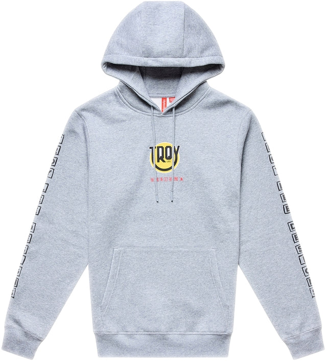 Grauer TROY LEE DESIGNS Happy Dayz Hoodie aus Freizeitbekleidung, bequemes Sweatshirt mit auffälligem Druck.