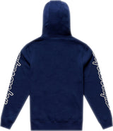 Troy Lee Designs Zip-up Badge Hoodie in Dunkelblau und Sage, Freizeitbekleidung mit Reißverschluss und Badge-Design.