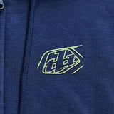 Troy Lee Designs Badge Hoodie in Dunkelblau und Sage, Freizeitbekleidung mit Reißverschluss und Logo-Print, Nahaufnahme