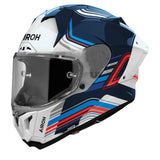 Airoh GP 800 Hurricane Integralhelm in Weiß, Schwarz, Blau und Rot mit aerodynamischem Design und Belüftungssystem.