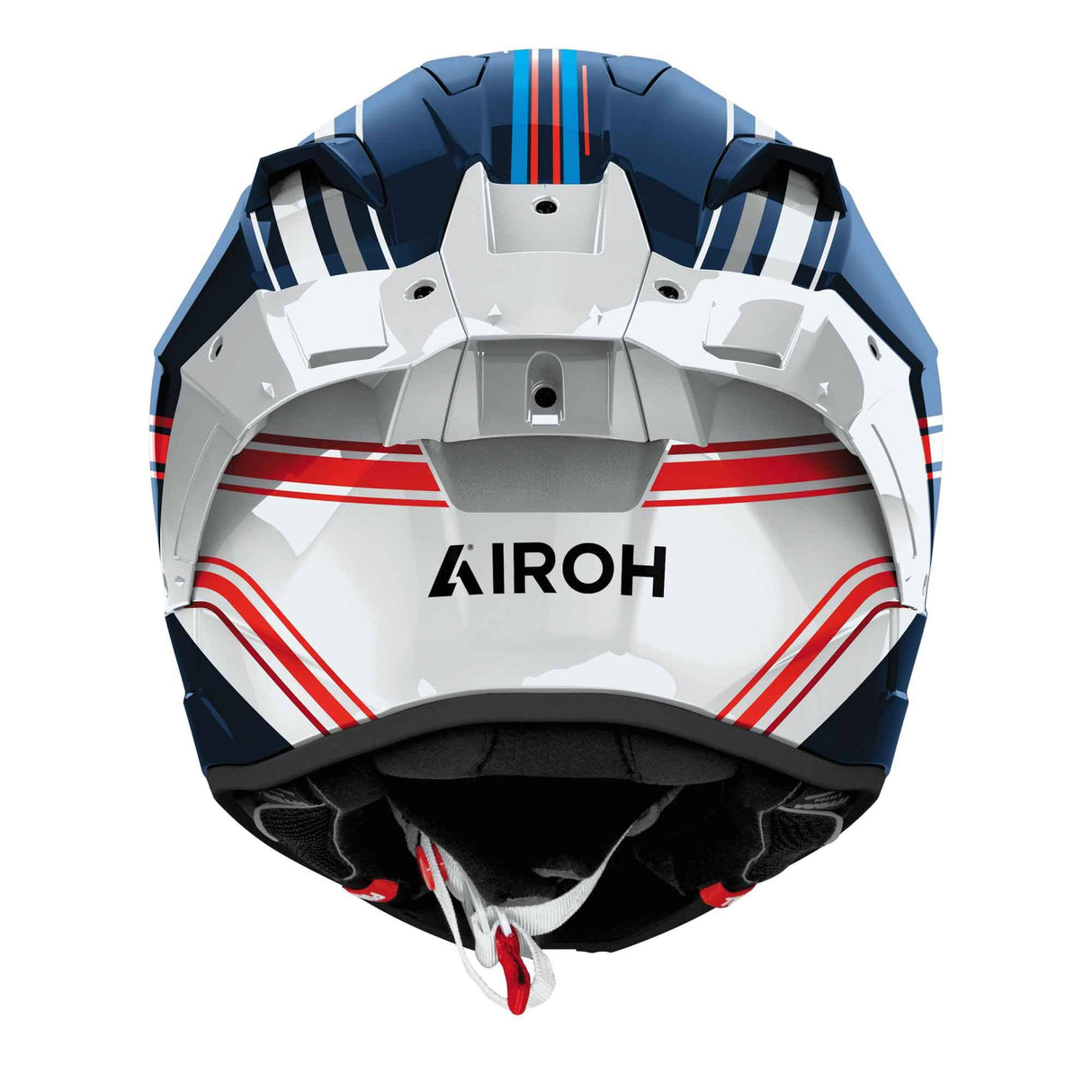 Airoh Integralhelm GP 800 Hurricane in Weiß, Schwarz, Blau und Rot mit visier und Belüftungsöffnungen auf einer Motorradstraße