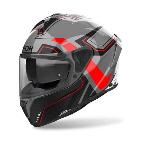 Grauer und schwarzer Airoh Spark 2 Dart Integralhelm mit roten Akzenten, sichtbare Belüftung und stilvolles Design.