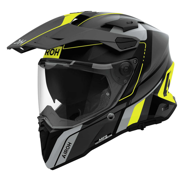 Airoh Commander 2 Endurohelm in mattschwarz, grau und fluoreszierendes Gelb mit Visier und Belüftungsöffnungen.