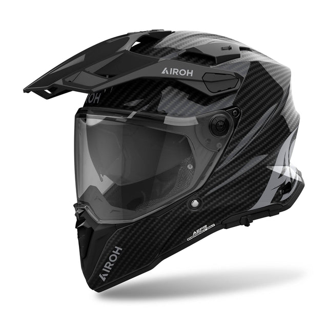Schwarzer Endurohelm Airoh Commander 2 Carbon mit Visier und Belüftungsöffnungen, sportliches Design für Offroad-Fahrten