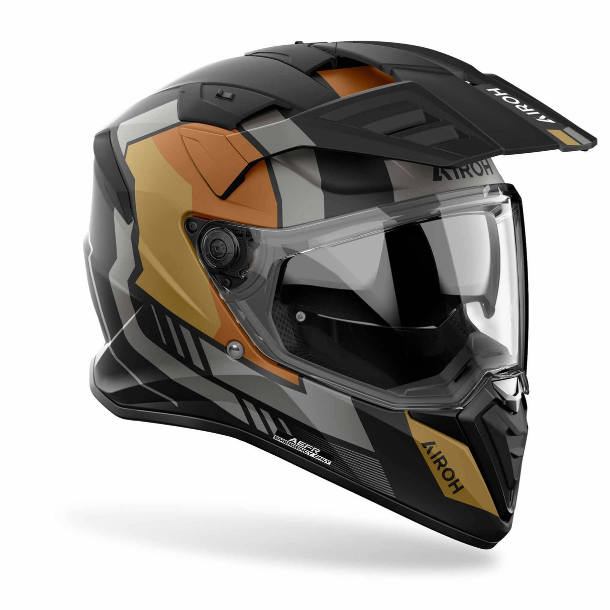 Airoh Bandit Horn Endurohelm in matt-schwarz mit grauen und goldenen Akzenten, sichtbare Belüftungsöffnungen und Visier.