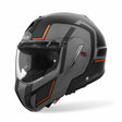Schwarzer, matter Airoh Mathisse II Genius Klapphelm mit Grau-Orange Akzenten, sichtbare Innenpolster und Klappmechanismus.