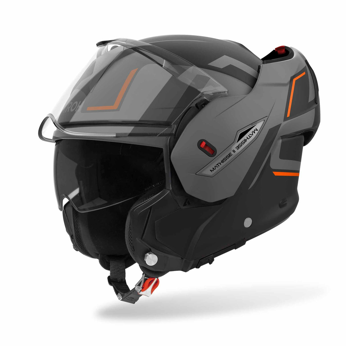 Airoh Mathisse II Genius Klapphelm in mattschwarz, Grau-Orange mit sichtbarem Visier und Belüftungsöffnungen