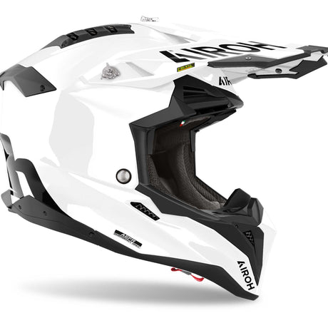 Airoh Aviator 3 FIM Motocrosshelm in weiß mit aerodynamischem Design und Visier, für sicheren Motorradsport.