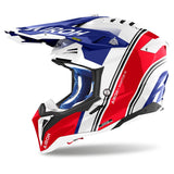 Airoh Aviator 3 Hima Motocrosshelm in Weiß, Blau und Rot mit Visier und Belüftungsöffnungen, ideal für Offroad-Fahrer.