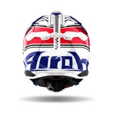 Airoh Aviator 3 Motocrosshelm in weiß, blau und rot mit aerodynamischem Design und Belüftungssystem.