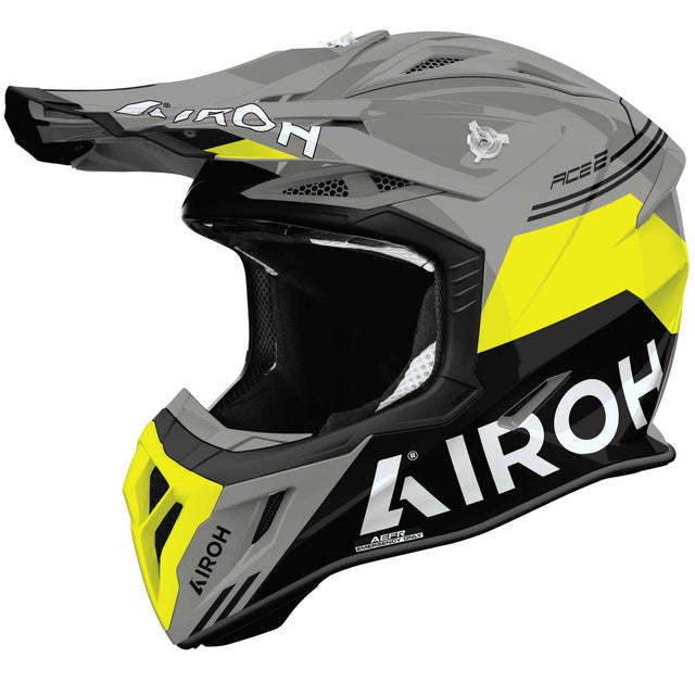 Motocrosshelm Airoh Aviator Ace 2 Fury in Grau, Schwarz, Fluo-Gelb mit Visier und Belüftungsöffnungen.