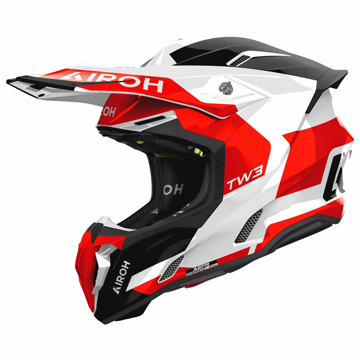 Motocrosshelm Airoh Twist 3 Fancy in Weiß, Schwarz und Rot mit stilvollem Design und sicherer Passform.
