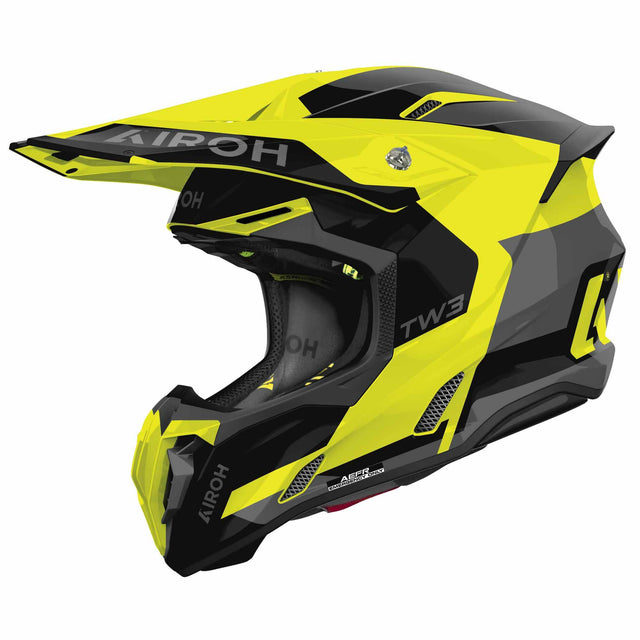 Motocrosshelm Airoh Twist 3 Fancy in Schwarz, Grau, Fluo-Gelb mit stylischem Design und Belüftungsöffnungen.