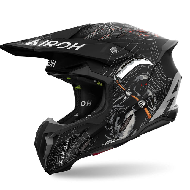Motocrosshelm Airoh Twist 3 Arcade in matt-schwarz mit Grau- und Rotakzenten, robuste Helmgrafik, gute Belüftung, sicherer Sitz
