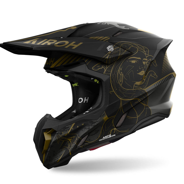 Airoh Twist 3 Motocrosshelm in matt-schwarz und Bronze mit klarem Visier, robustes Design für Offroad-Fahrten.