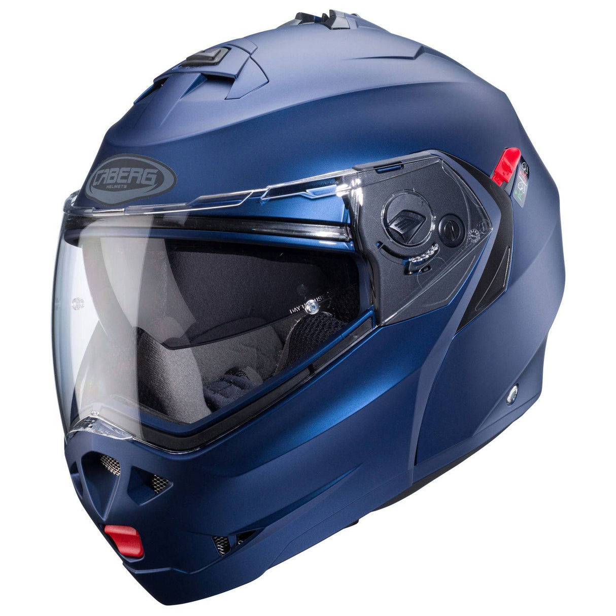 Matt-blauer Klapphelm Duke X von Caberg mit Yama-Design, sichtbare Helmschale und Belüftungsöffnungen