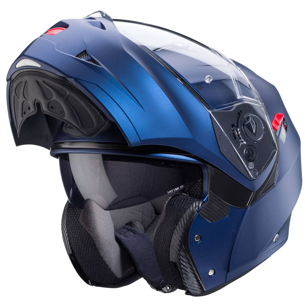 Matte blaue Caberg Duke X Klapphelm mit Yama-Design, strapazierfähiges Motorradhelm-Modell, sichtbare Helmschale und Belüftungsöffnungen