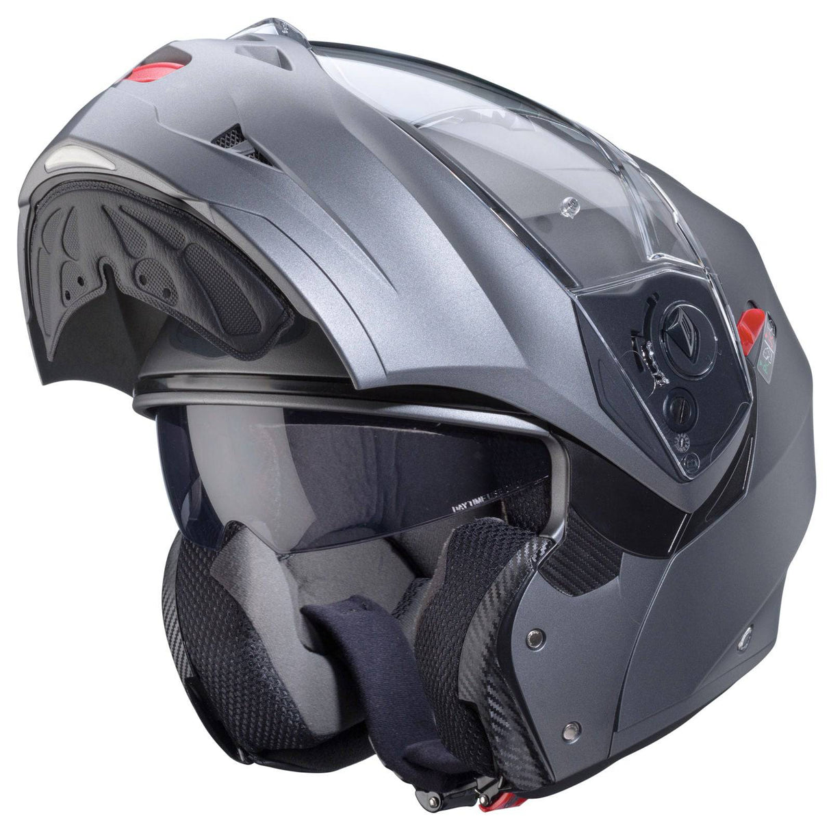 Matte gunmetal Caberg Duke X Klapphelm mit belüfteter Oberfläche und klarer Sichtbrille, leichter und sicherer Motorradhelm.