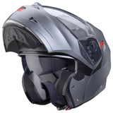 Matte gunmetal Caberg Duke X Klapphelm mit belüfteter Oberfläche und klarer Sichtbrille, leichter und sicherer Motorradhelm.