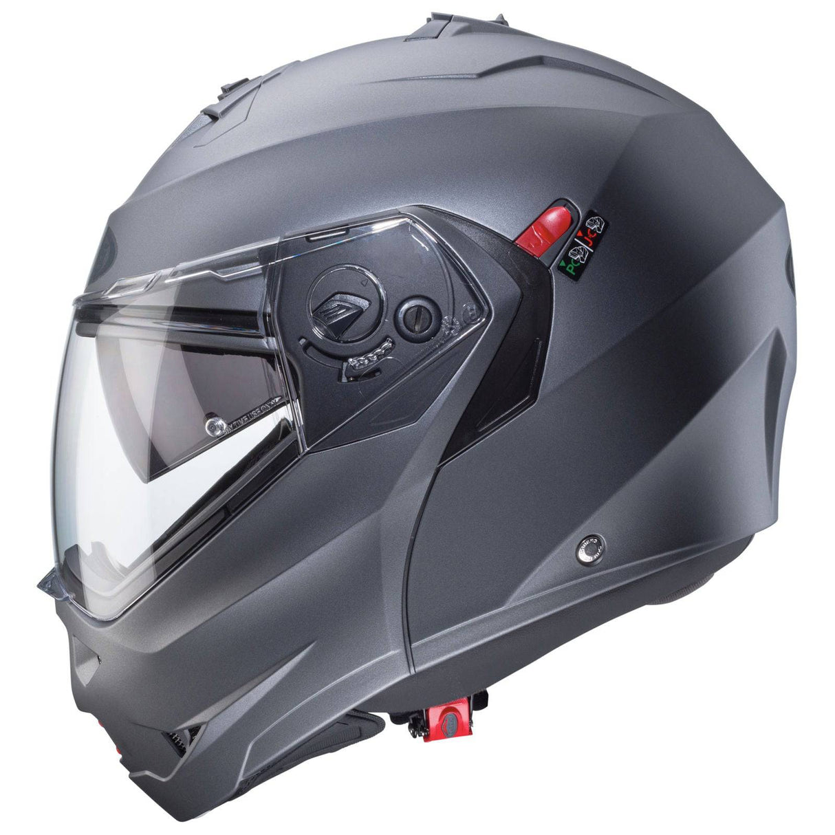 Matt-gun metallic Caberg Duke X Klapphelm mit aerodynamischem Design und Belüftungssystem, sichtbar auf dem Bild.