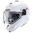 Weißer, metallicer Caberg Duke Evo Klapphelm mit aerodynamischem Design und komfortabler Passform.