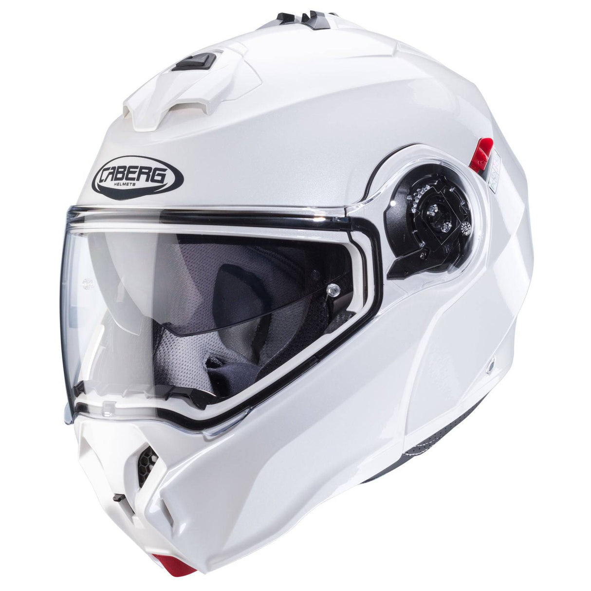 Weißer, metallicer Caberg Duke Evo Klapphelm mit aerodynamischem Design und komfortabler Passform.