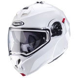 Weißer, metallicer Caberg Duke Evo Klapphelm mit aerodynamischem Design und komfortabler Passform.