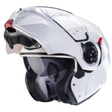 Weißer metallicer Caberg Duke Evo Klapphelm mit klarem Visier und modernem Design, seitlich abgebildet.