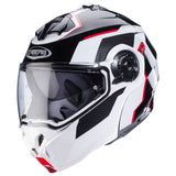 Schwarzer und weiß-rot klappbarer Caberg Helm Duke Evo Move, modernes Design mit Belüftung und komfortabler Passform.