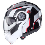 Schwarzer und weiß-roter Caberg Duke Evo Move Klapphelm, aerodynamisches Design, verstellbarer Visier, für Motorradfahrer.
