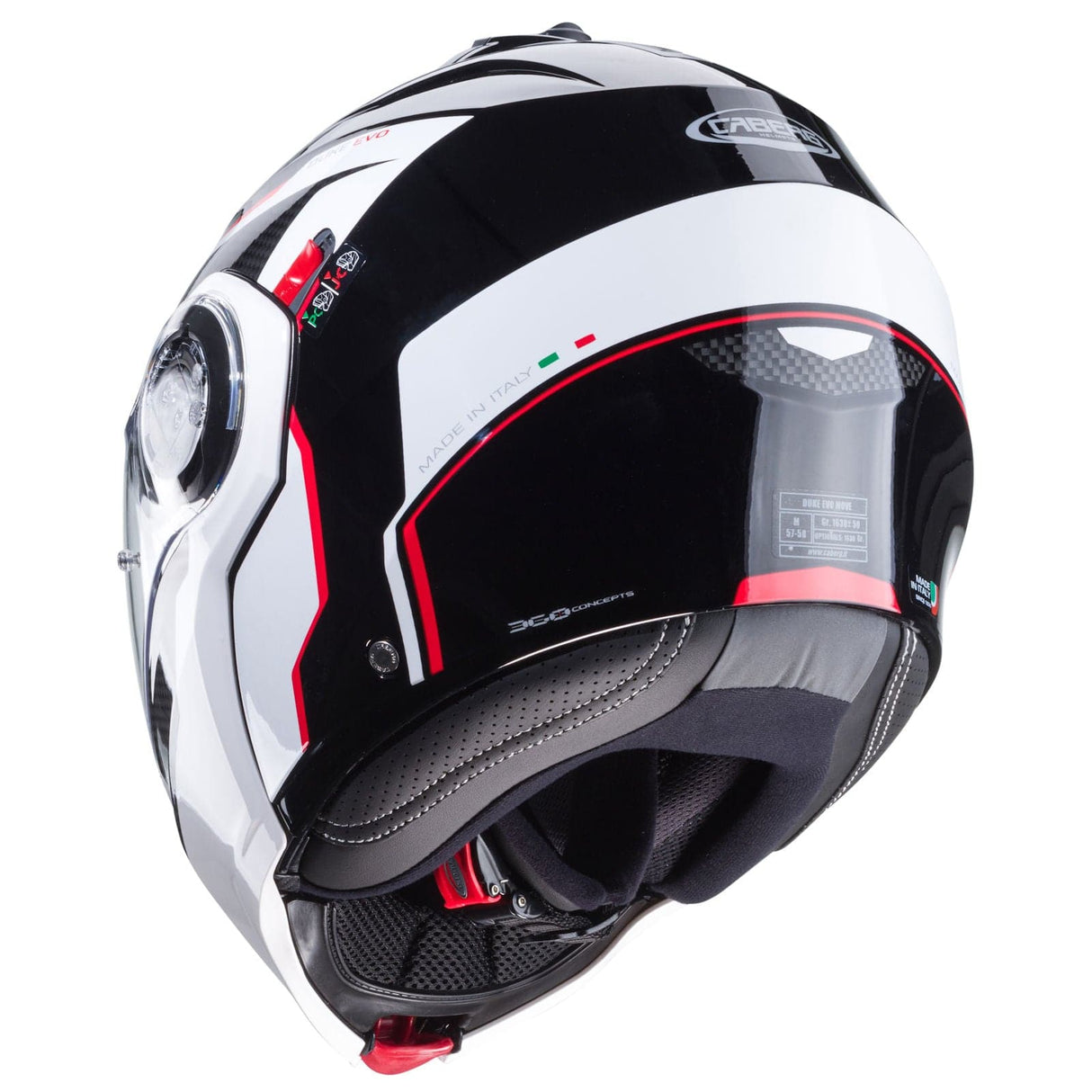 Schwarzer und weiß-roter Klapphelm von Caberg Duke Evo Move, stilvoller Schutzhelm mit klappbarem Visier.