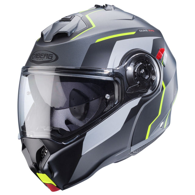 Matt-gun metallic und schwarz-fluo-gelb Caberg Duke Evo Move Klapphelm mit Visier, vielseitige Motorradhelm-Design