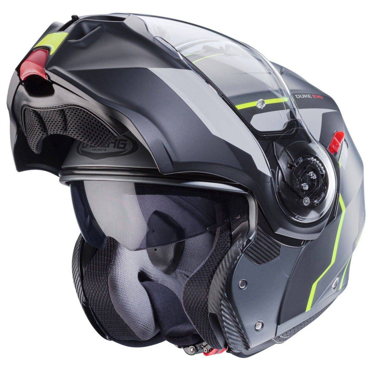 Matte gun-metallic und schwarz-fluorgelbe Caberg Duke Evo Move Klapphelm mit sichtbarem Visier und Belüftungsöffnungen
