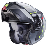 Matte gun-metallic und schwarz-fluorgelbe Caberg Duke Evo Move Klapphelm mit sichtbarem Visier und Belüftungsöffnungen