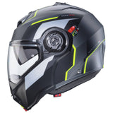 Matt-gun metallic und schwarz-fluo-gelb Caberg Duke Evo Move Klapphelm, mit Visier und Belüftung für Motorradfahrer