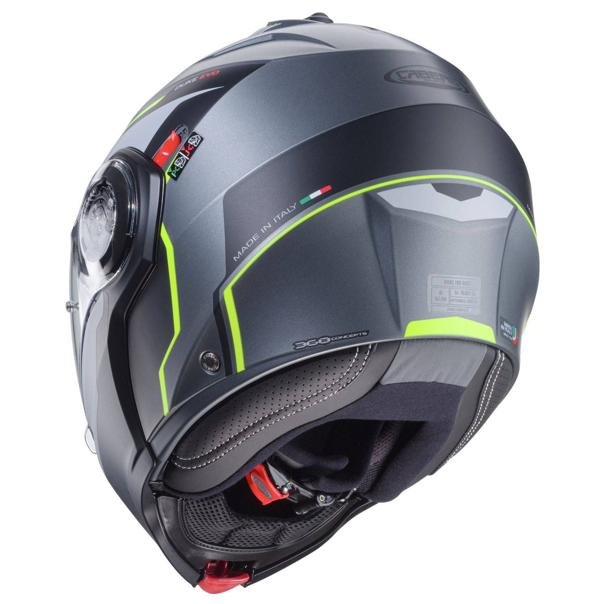 Kaberg Duke Evo Move Klapphelm in mattem Gunmetal-Finish mit Schwarz und Fluo-Gelb, sichtbar im Bild.