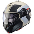 Matte sandbrauner und schwarz-grauer Klapphelm von Caberg Duke Evo Indy, mit hellem Design und sicherer Passform.